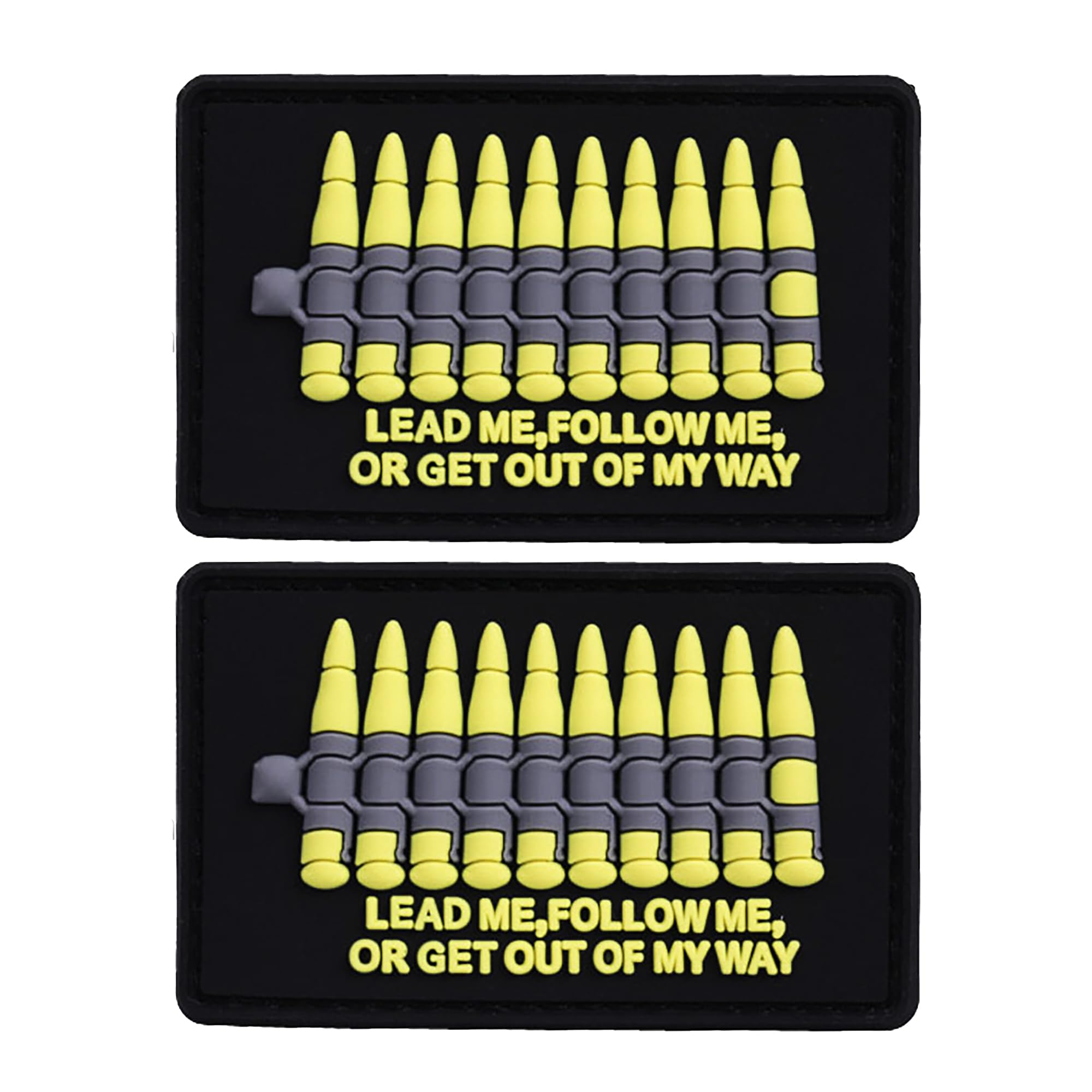 Lead Me Follow Me or Get Out of My Way PVC Patch with Bullet Design, Funny Applique Patches Tactical Military Emblem Badges Hook and Loop Backing, Black and Yellow, 3.15 x 1.97 Inch, 2-Pack