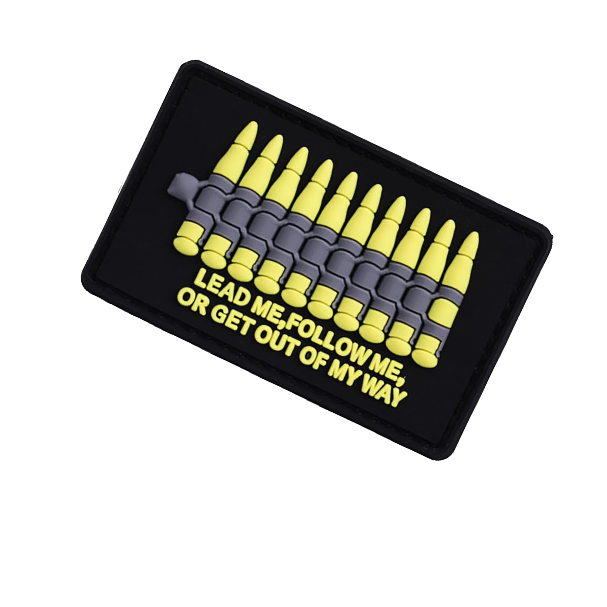 Lead Me Follow Me or Get Out of My Way PVC Patch with Bullet Design, Funny Applique Patches Tactical Military Emblem Badges Hook and Loop Backing, Black and Yellow, 3.15 x 1.97 Inch, 2-Pack - Image 5