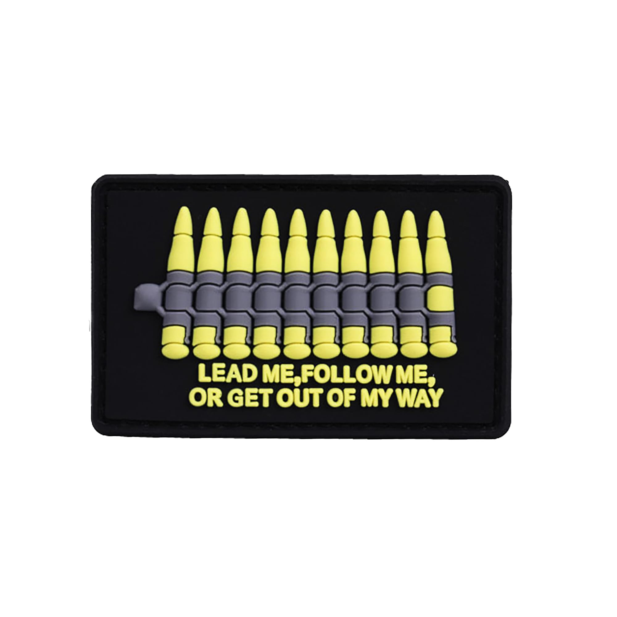 Lead Me Follow Me or Get Out of My Way PVC Patch with Bullet Design, Funny Applique Patches Tactical Military Emblem Badges Hook and Loop Backing, Black and Yellow, 3.15 x 1.97 Inch, 2-Pack - Image 7