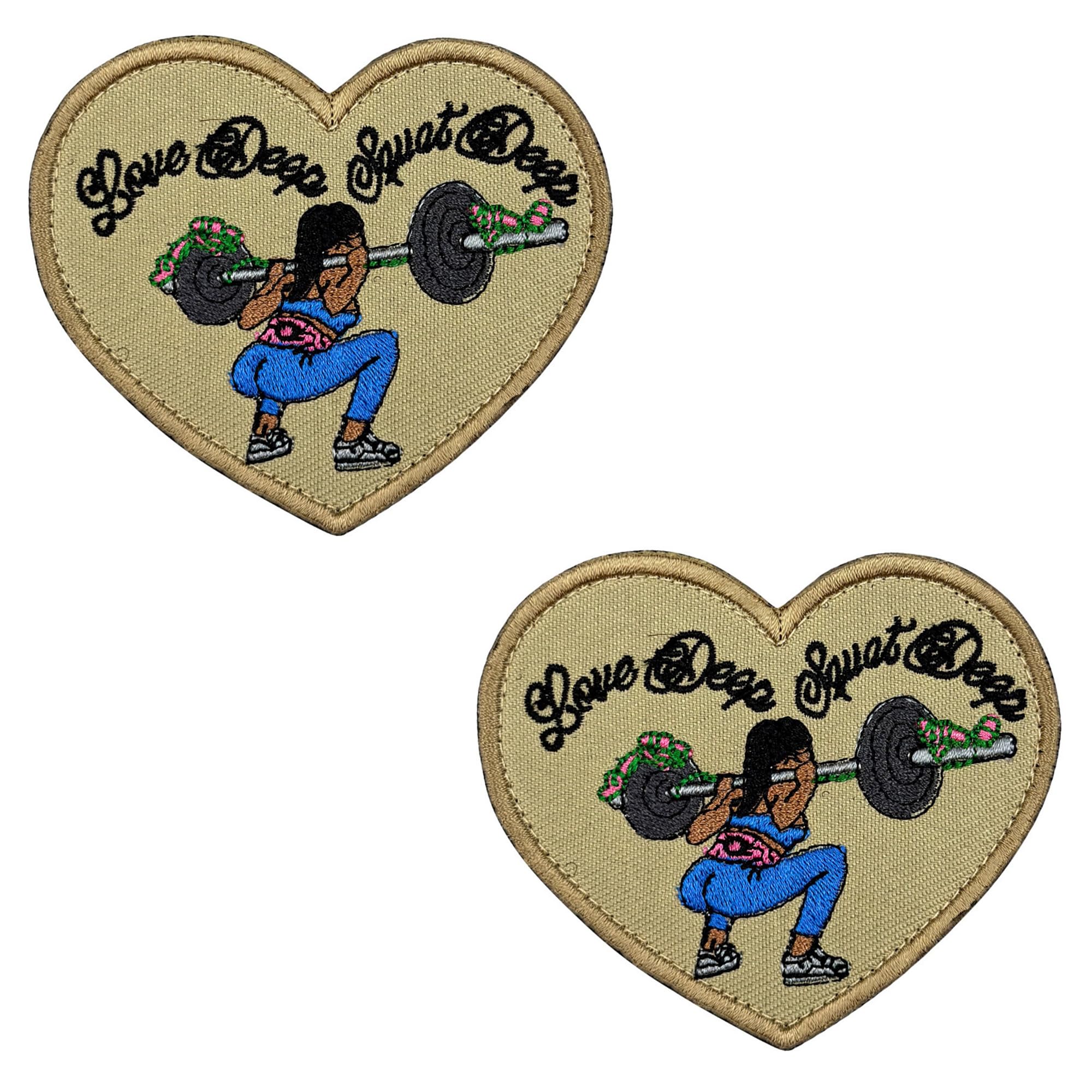 Love Deep Squat Deep Heart-Shaped Weightlifting Patch, Embroidered Design, Hook and Loop Backing, 2.76 x 3.15 inches, 2-Pack