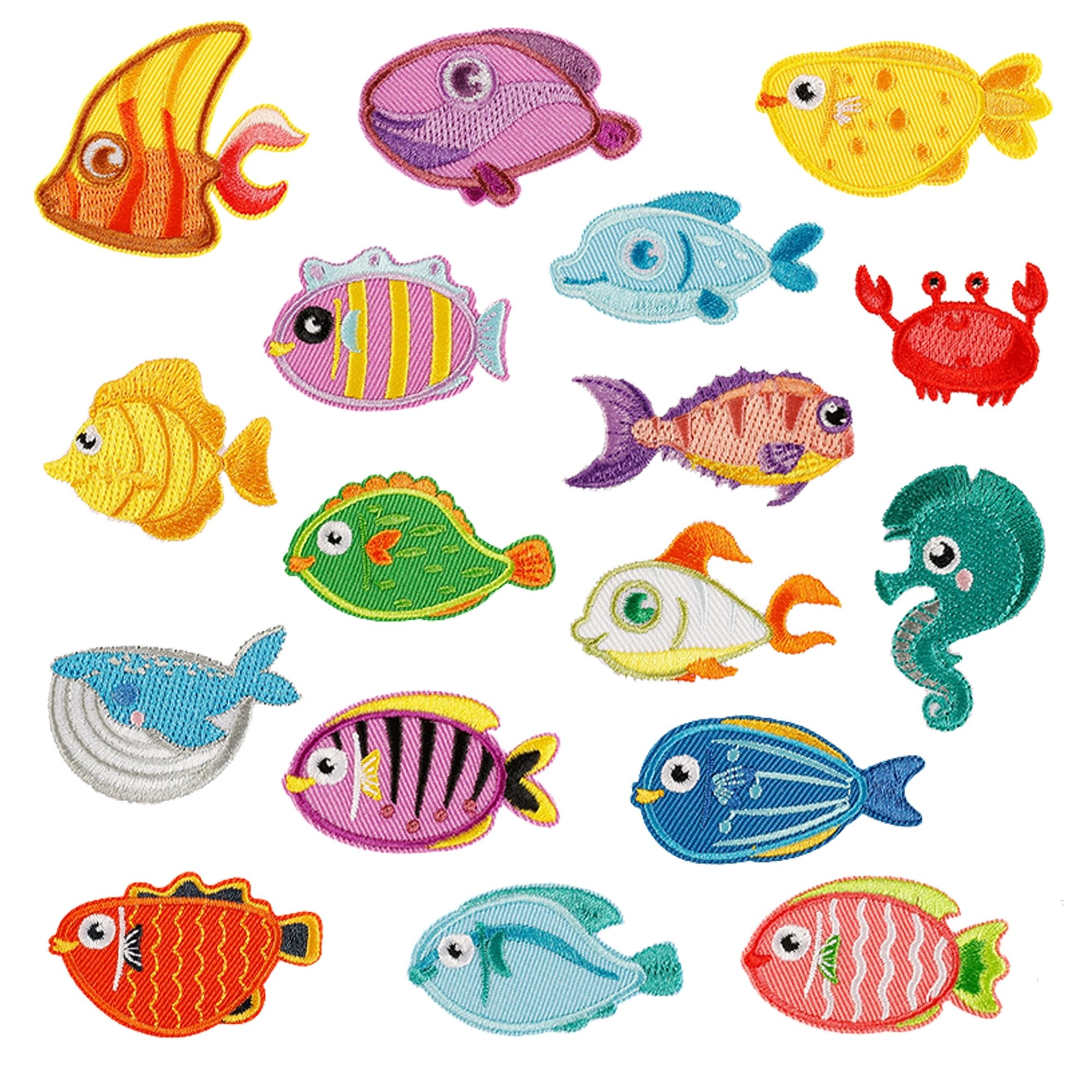 Marine Animal Iron-On Patches, Fish and Crab Embroidered Appliques, Decorative Clothing Accessories, 16 Pieces