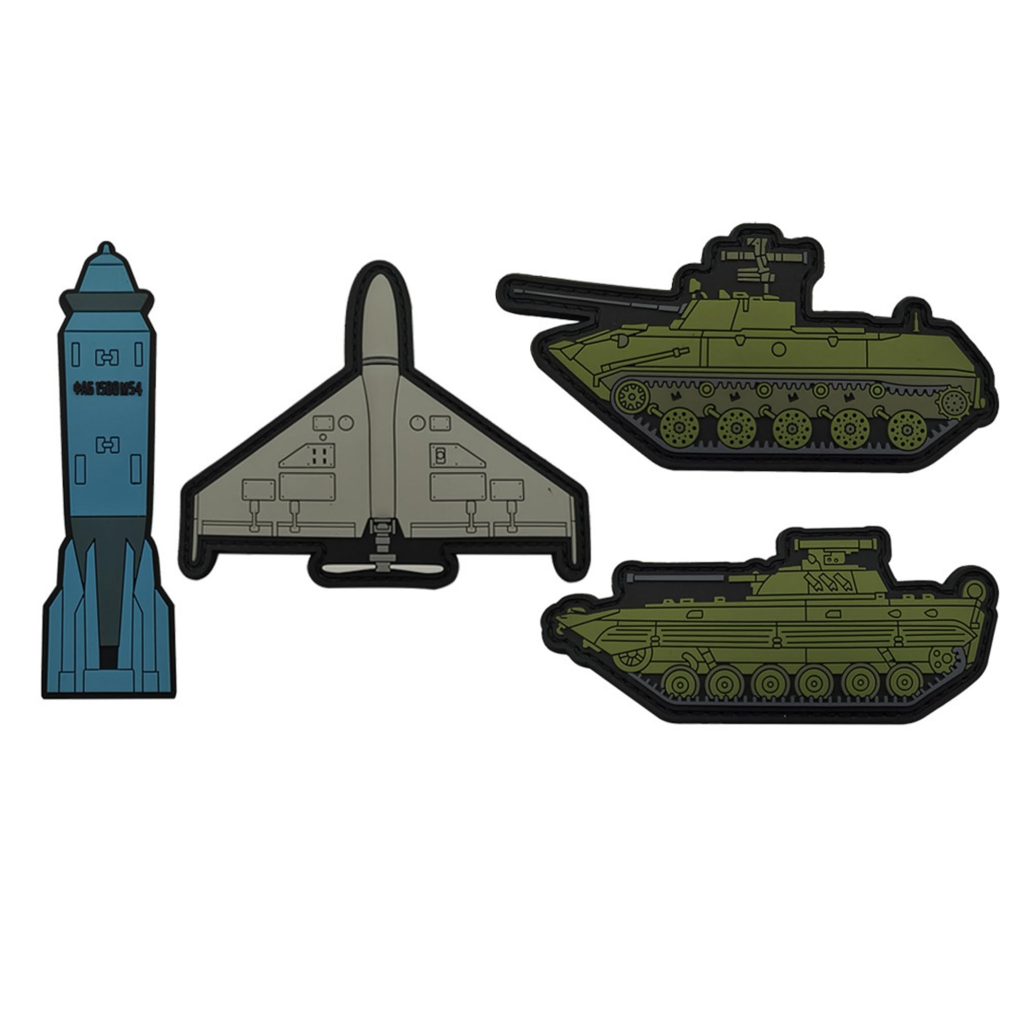 Military Tactical PVC Patches Set, Combat Vehicle Collection with Tank, Submarine and Missile, Hook and Loop Backing, Soft Rubber Material, 4-Piece Set