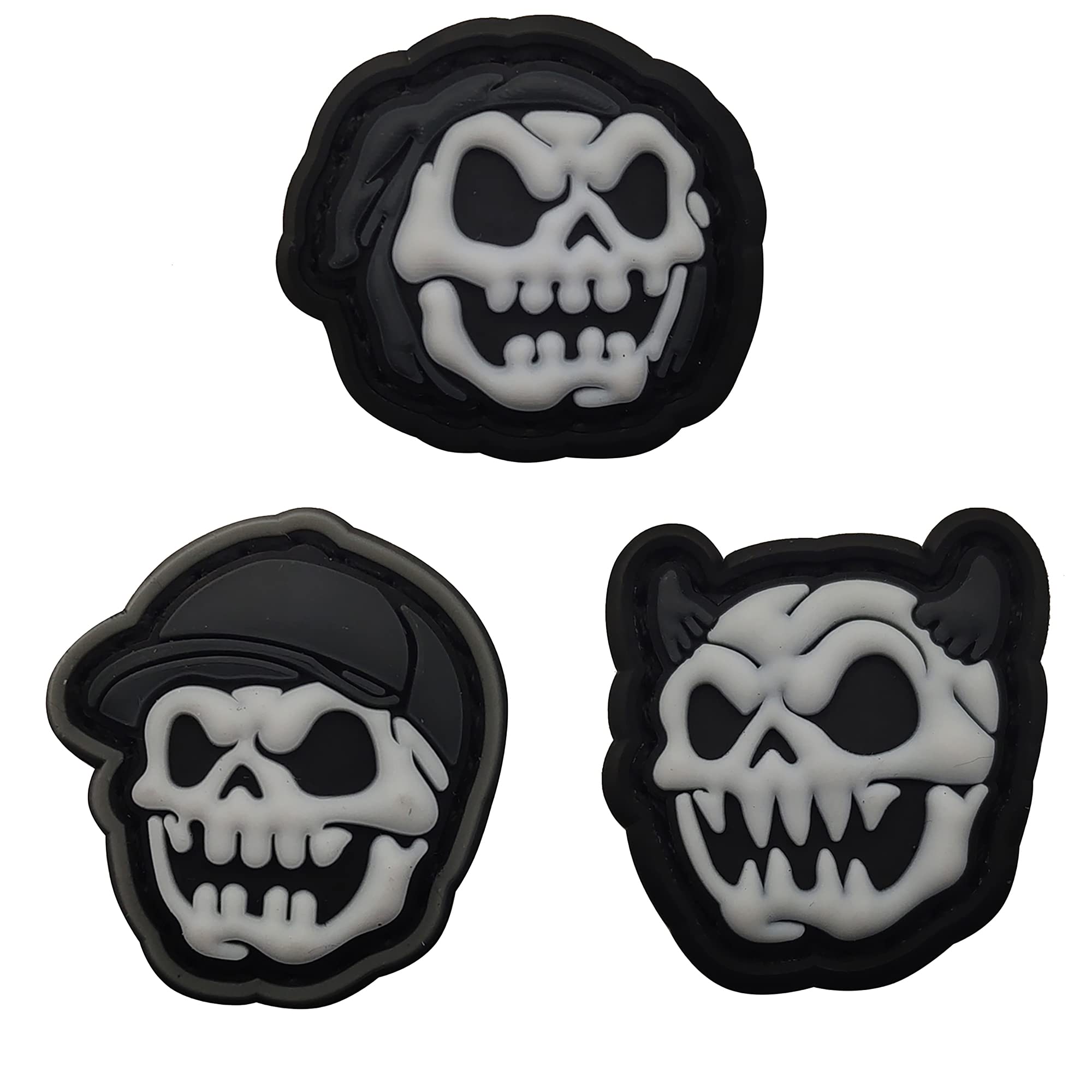 Mini Size Glowing in Dark Patches Skulls Heads Terrifying Skeleton PVC Rubber Morale Appliques Emblem Patch Badges Bundle of 3 Pieces