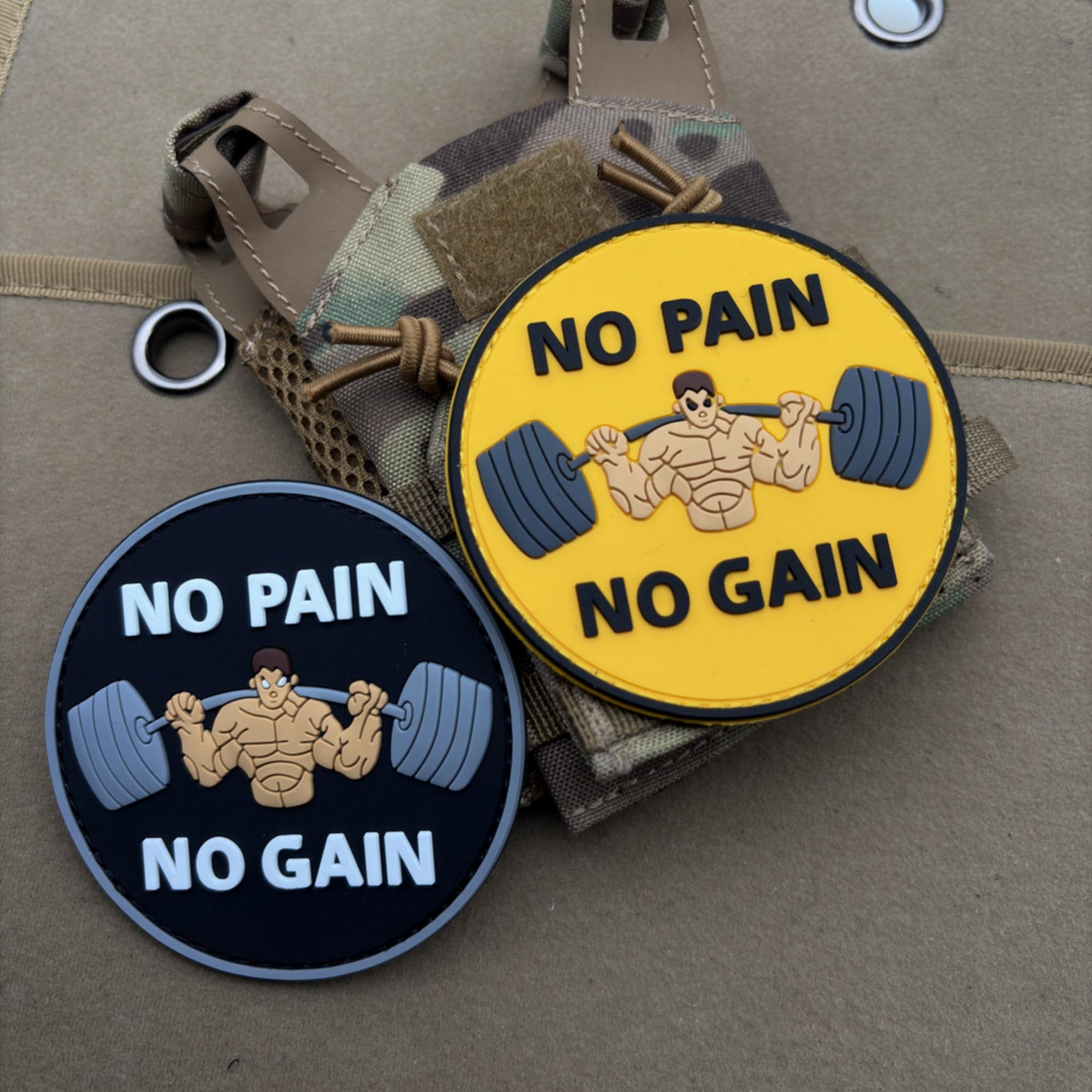 No Pain No Gain Weightlifting Morale Patches, 3.15 inch PVC Patch, Hook and Loop Backing, Yellow and Black - Image 6