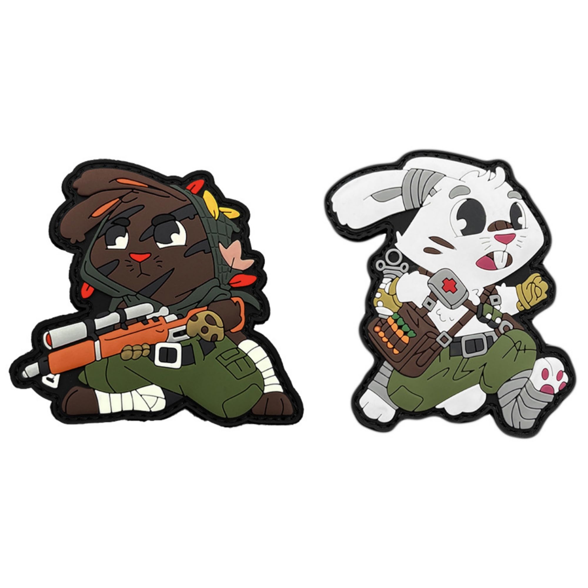 Noctilucent Military Rabbits PVC Morale Patch Set, Tactical Combat Style, White and Brown Characters, 3.35 Inch, Glow in Dark Feature