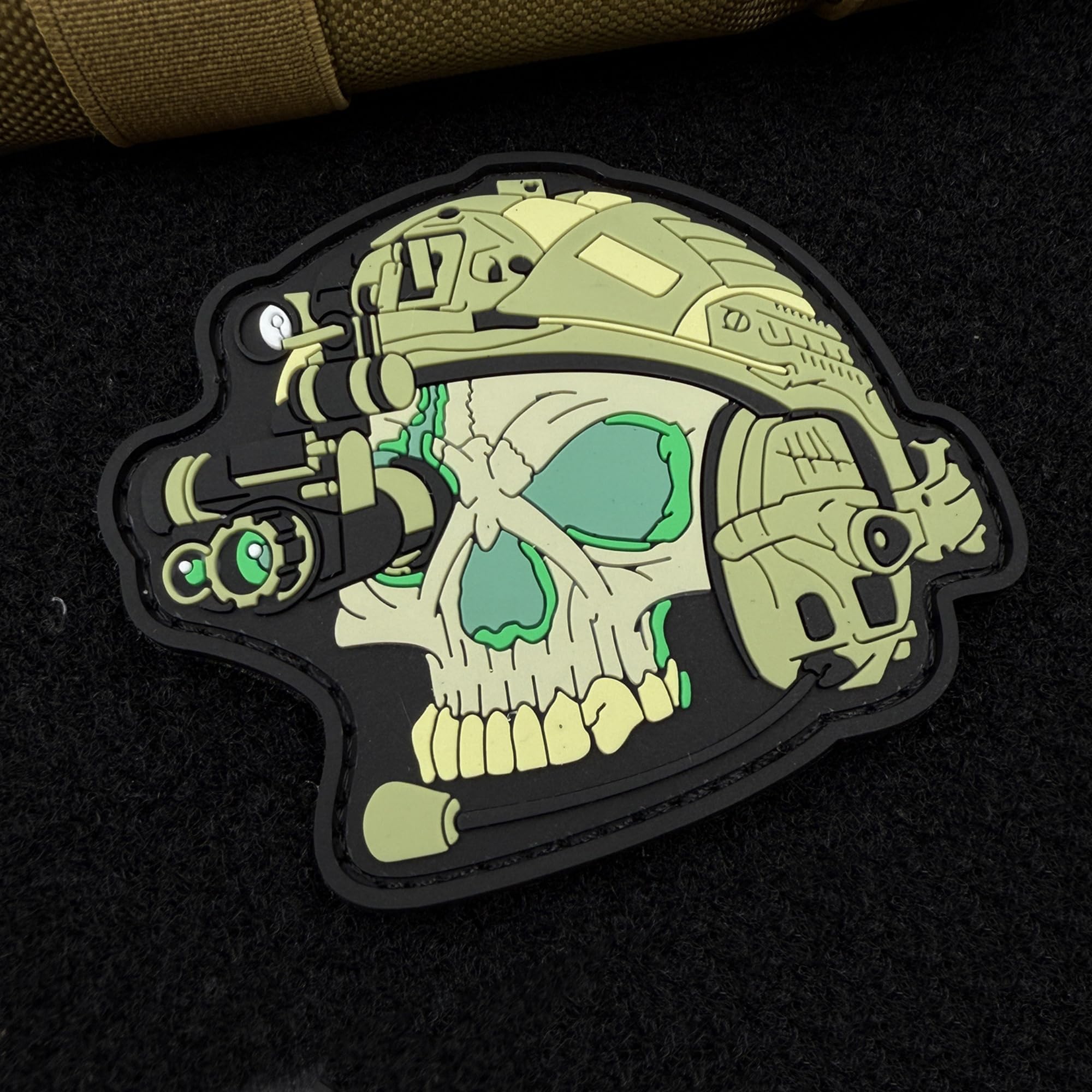 ODSP Tactical Skull PVC Patch, Military Observer Helmet Design, Hook and Loop Backing, Green, 2.95 x 3.35 Inches - Image 4