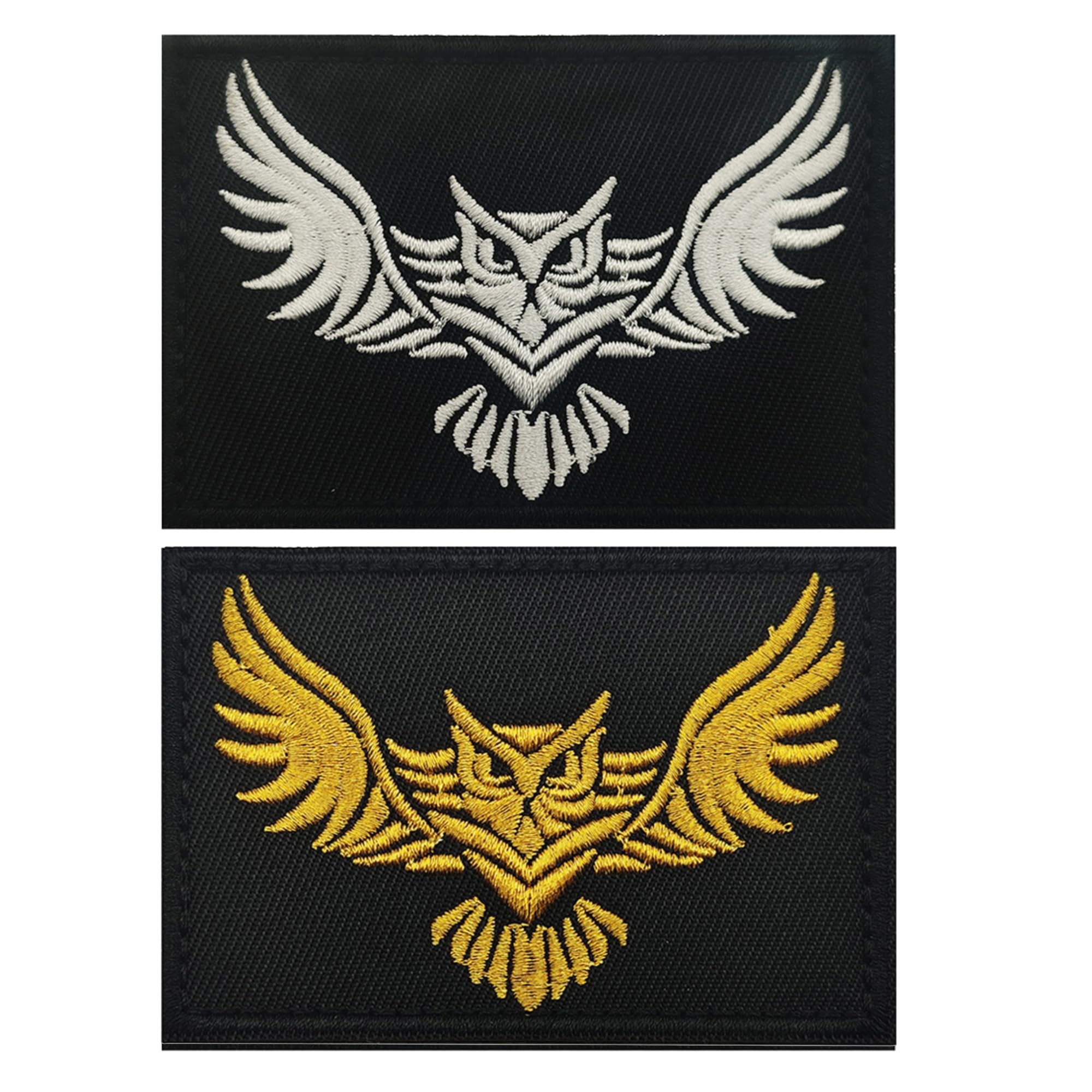Owl Embroidered Patch with Hook and Loop Backing, 3.15 x 2.17 Inches, Black with Gold and White Options