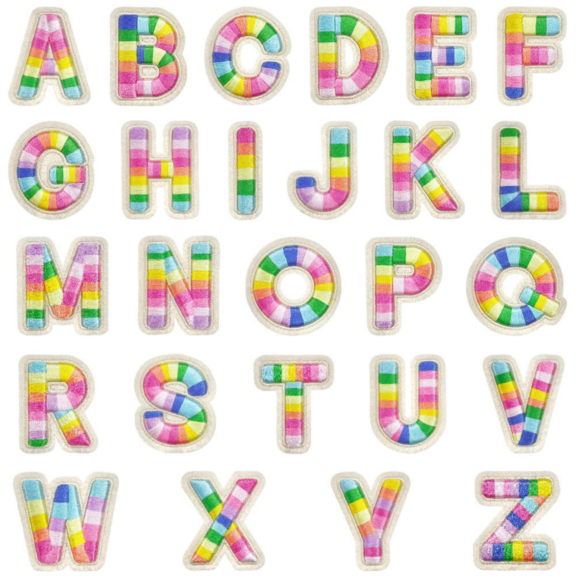 Rainbow Striped Embroidered Letter Patches A-Z, Self-Adhesive 3D Alphabet Appliques, 26-Piece Set