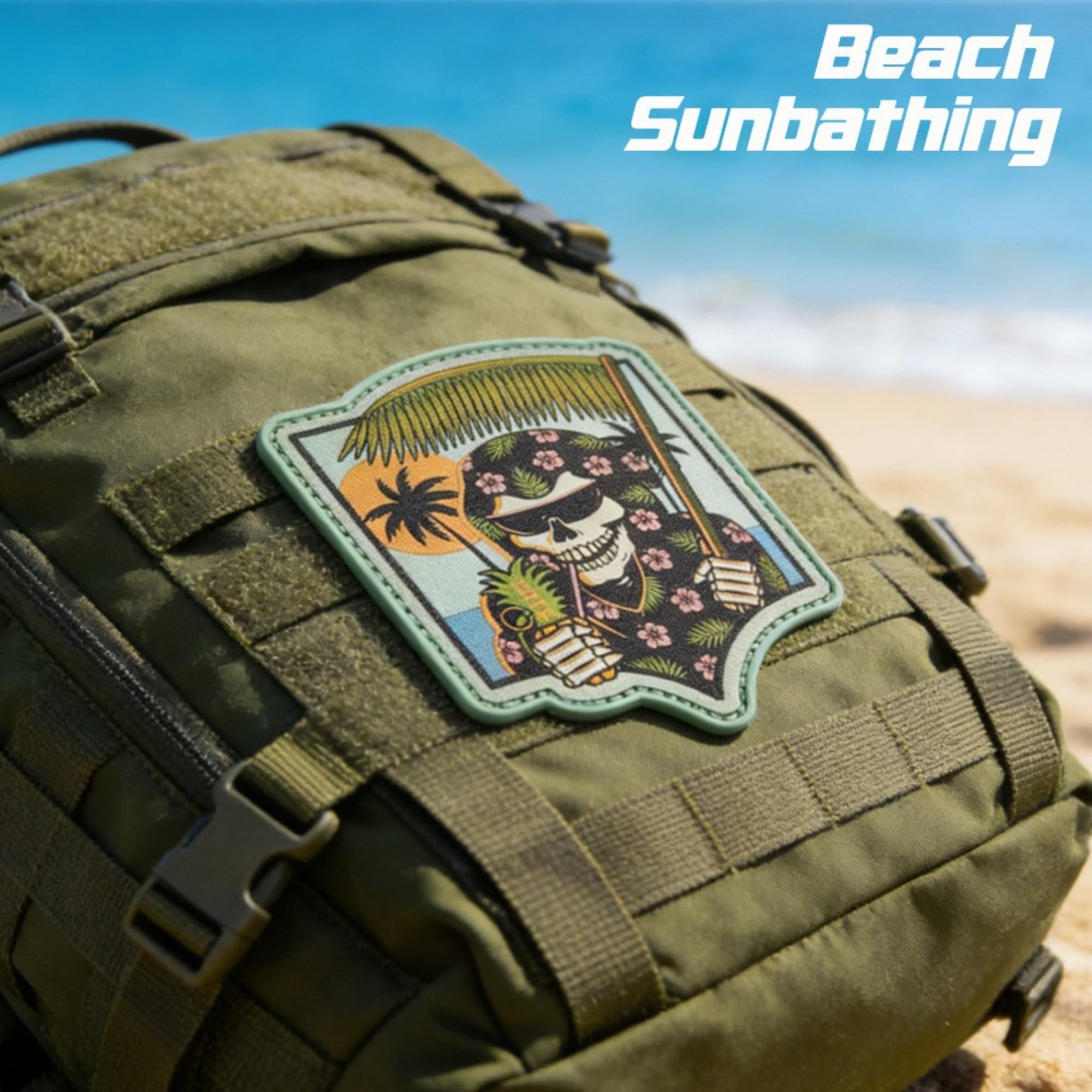 Reaper Beach Skeleton Resort PVC Rubber Patch with Hook and Loop Backing, Tactical Vacation Skeleton Badge, 3.94 x 3.35 Inches, 21g - Image 3