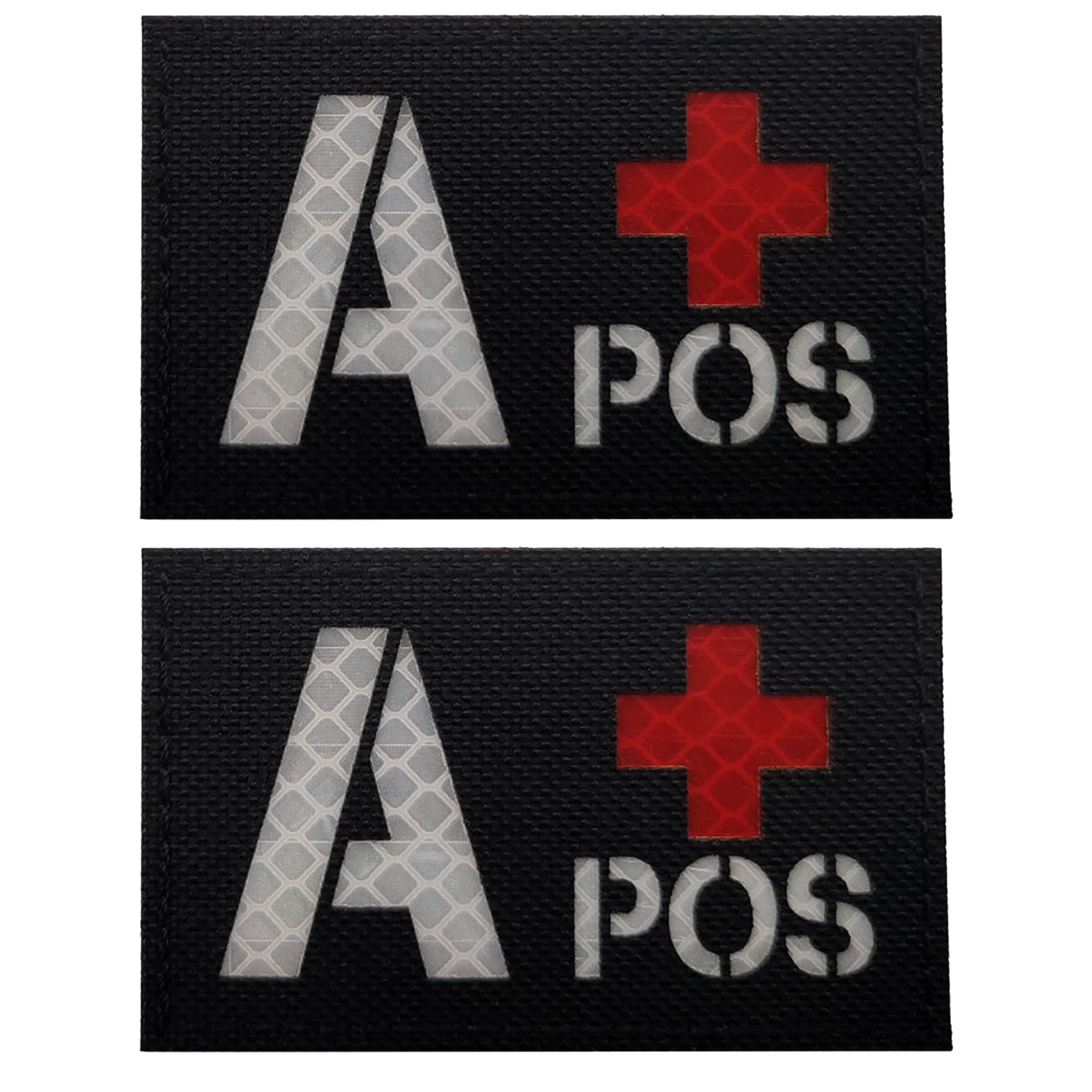 Reflective Blood Type Medical Patches, A Positive, Hook and Loop Backing, 3.15 x 1.97 Inch, Black, Set of 2