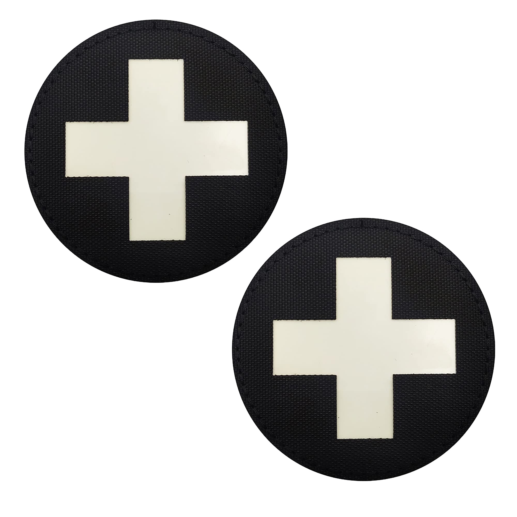 Round Medic Cross First Aid Glow in Dark Patches, Tactica Military Morale Combat Armband Badges with Hook and Loop Fastener Backing, 2.95 Inch, Bundle of 2 Pieces