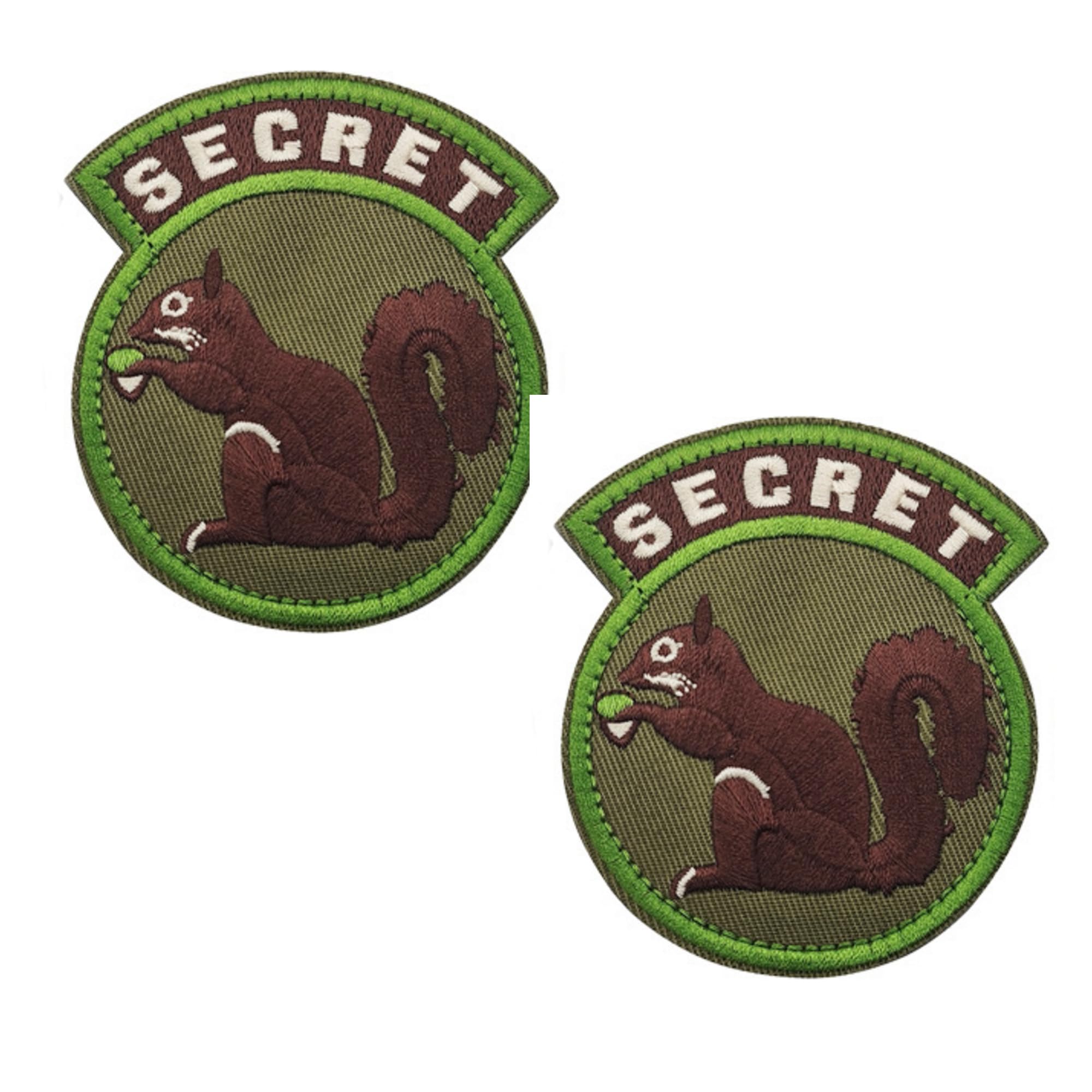 Secret Squirrel Military Morale Patch, Embroidered Tactical Design with Green Border, Brown Squirrel on Olive Background, 3.35 x 2.95 Inches, 2 Pack