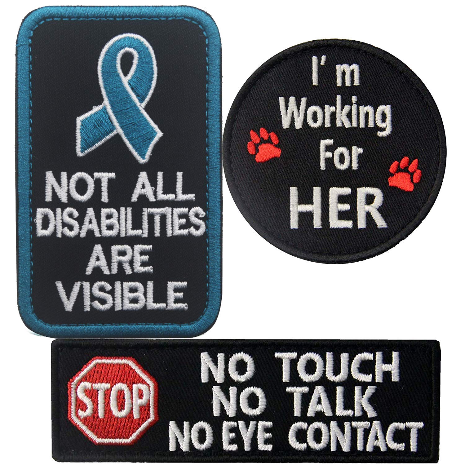 Service Dog No Touch No Talk Warning, Not All Disabilities are Visible, I'm Working for Her Tactical Military Morale Badge Embroidered Patches Appliques with Fastener Hook Loop Backing