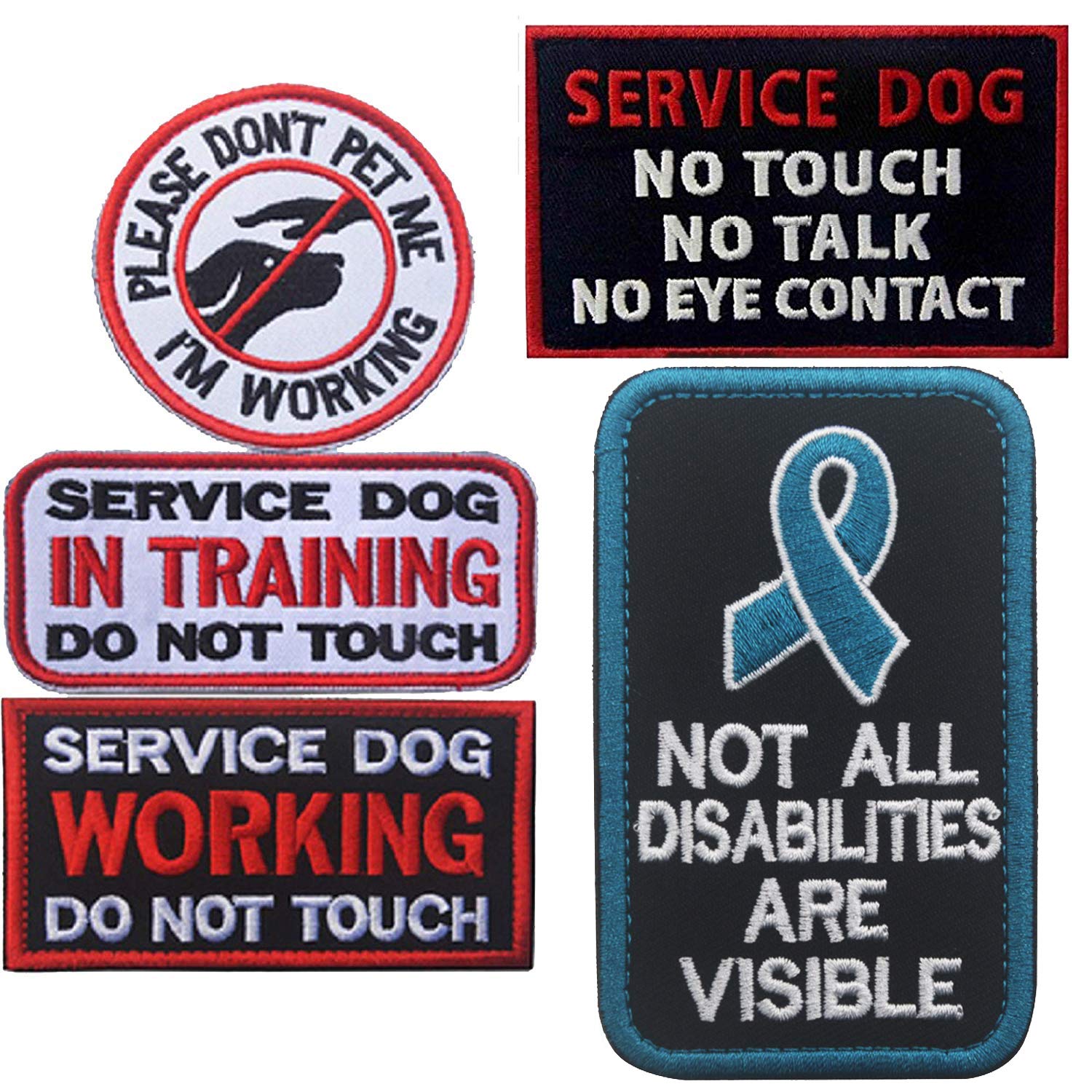 Service Dog Patches, In Training, Not All Disabilities are Visible, I'm Working Please Don't Pet Me, Working , No Touch No Talk No Eye Contact Embroidered Hook and Loop Patches 5 PCS