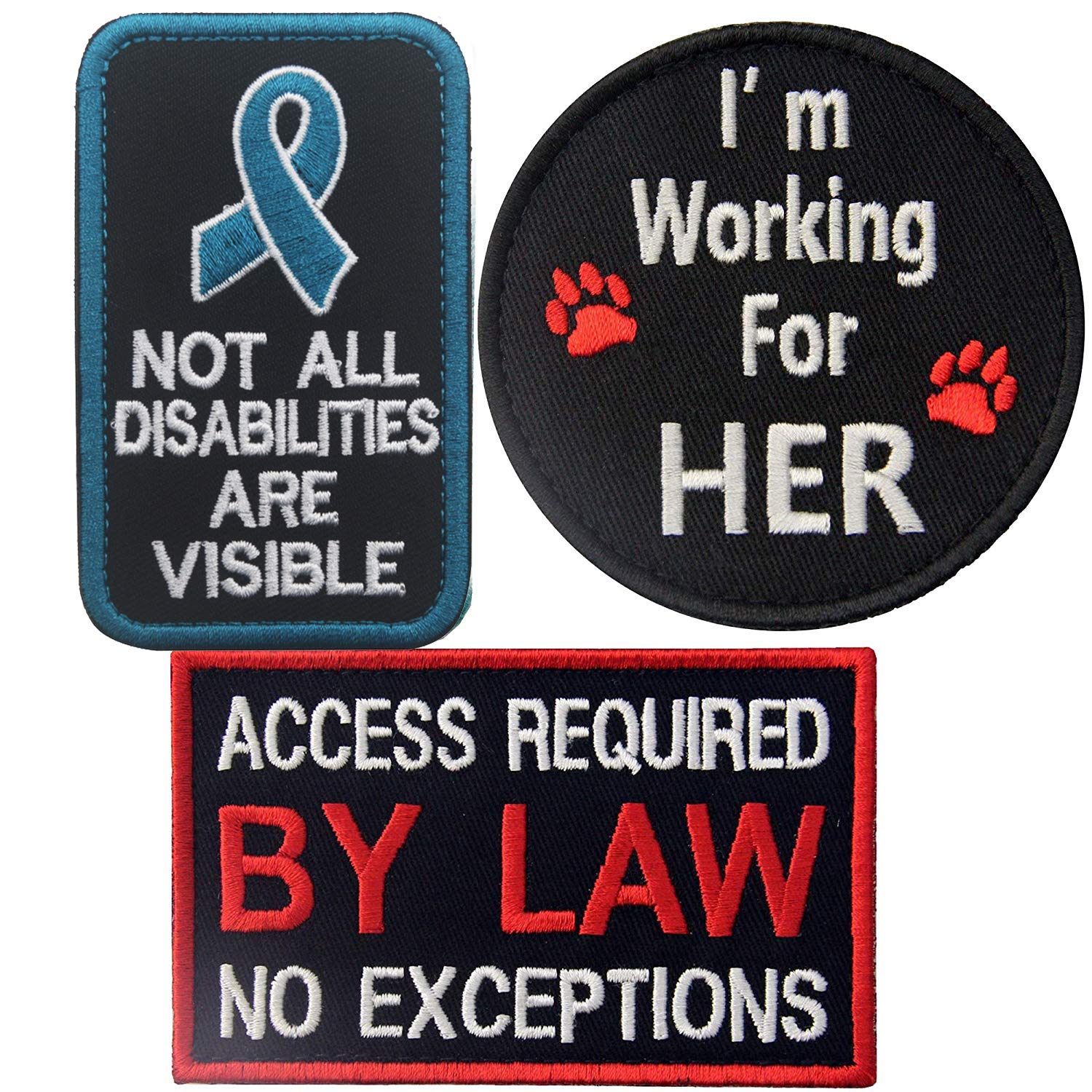 Service Dog Patches Not All Disabilities are Visible, Access Required by Law No Exceptions, I'm Working for Her, Emblem Embroidered Patch Applique with Fastener Hook and Loop Backing