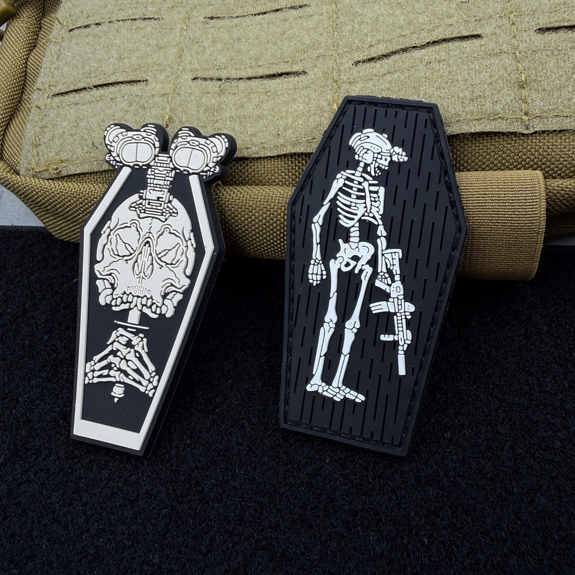 Skull Telescope PVC Rubber Tactical Morale Patch, Hook and Loop Backing, Gothic Coffin Design, Black and White - Image 2
