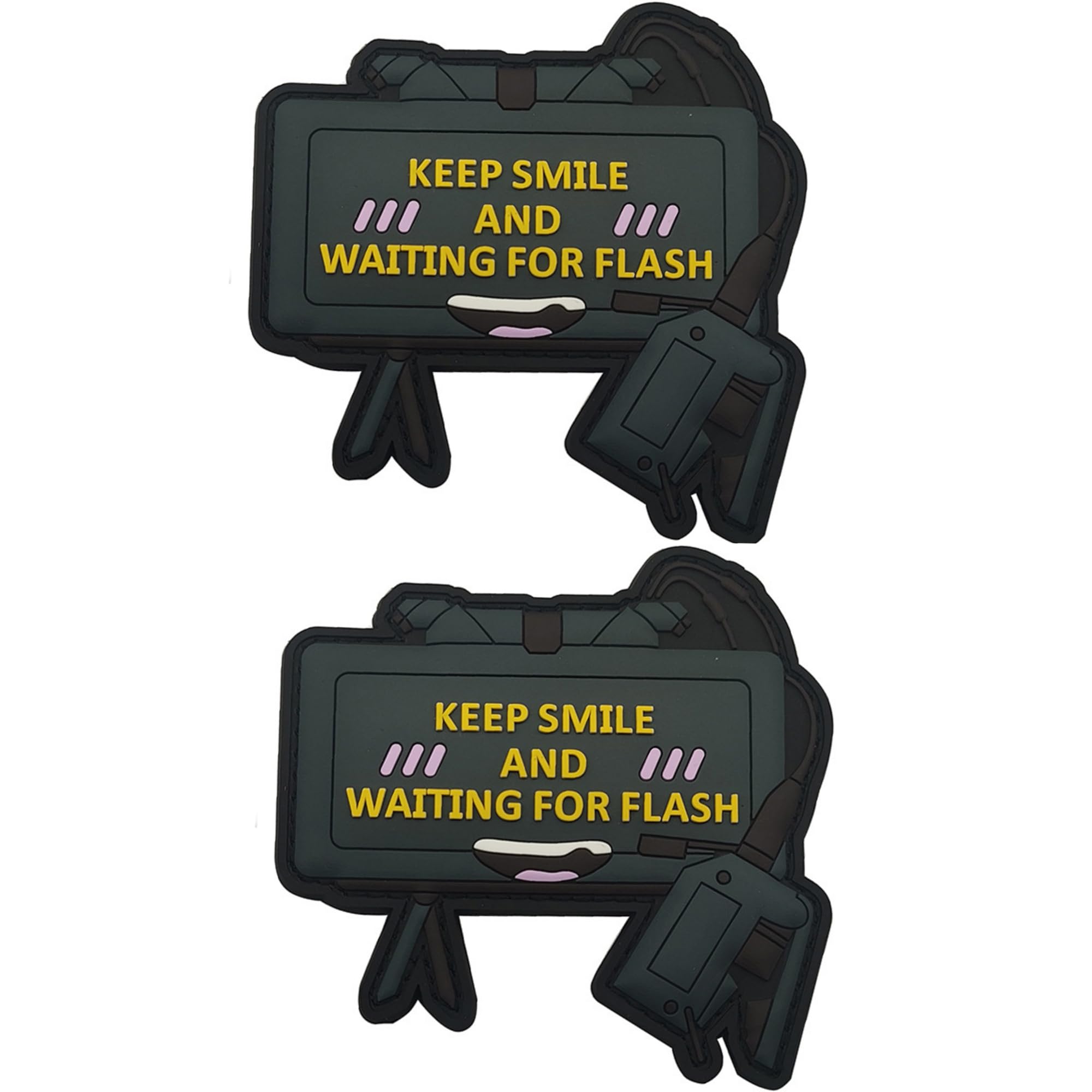 Tactical Morale PVC Patch, Keep Smile and Waiting for Flash Design, Hook and Loop Backing, 3D Rubber Badge, 3.15 x 3.15 inches