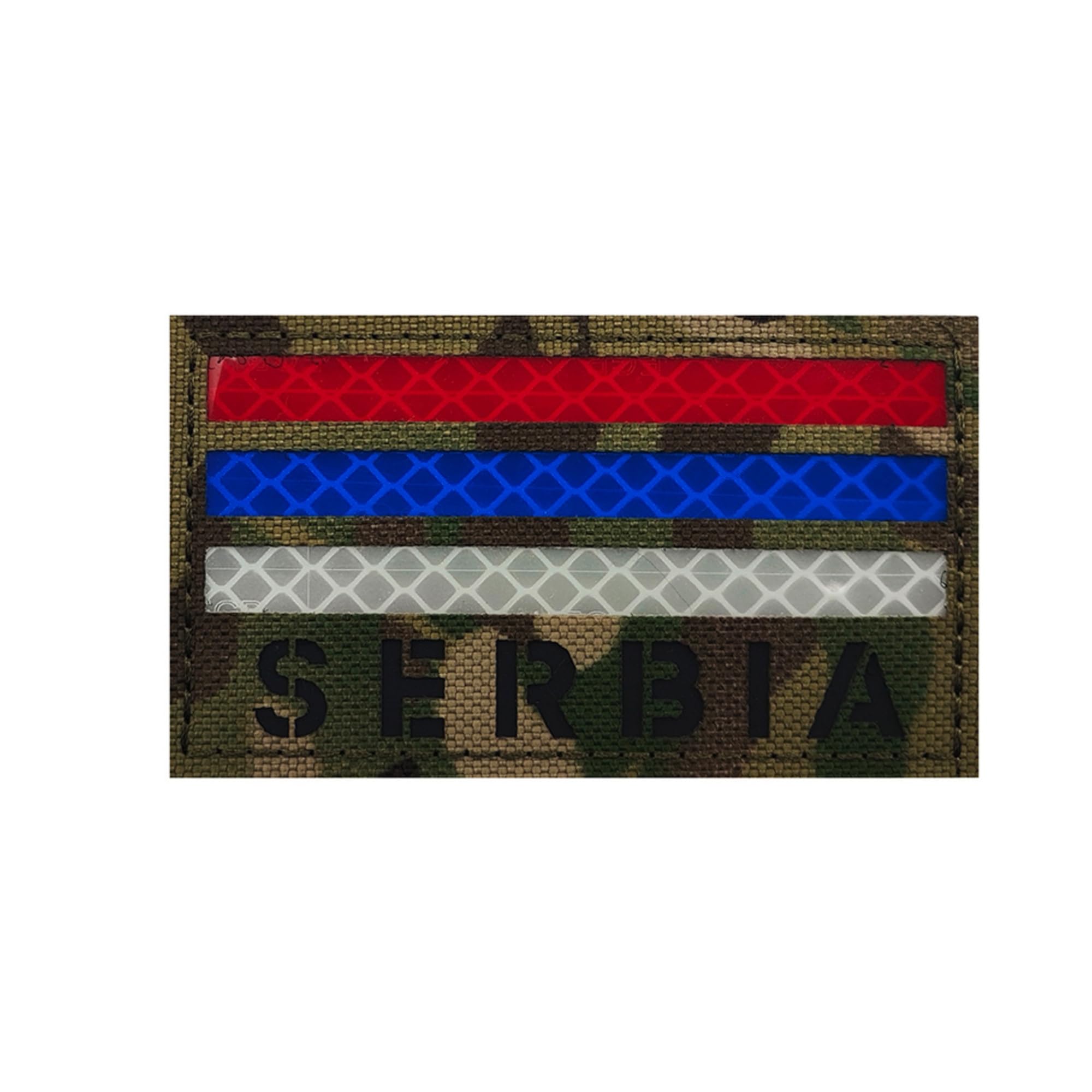 Tactical Serbia Flag Patch, Reflective Red Blue White Stripes, Camouflage Background, Hook and Loop Backing, 3.54 x 1.97Inch Military Emblem Badges