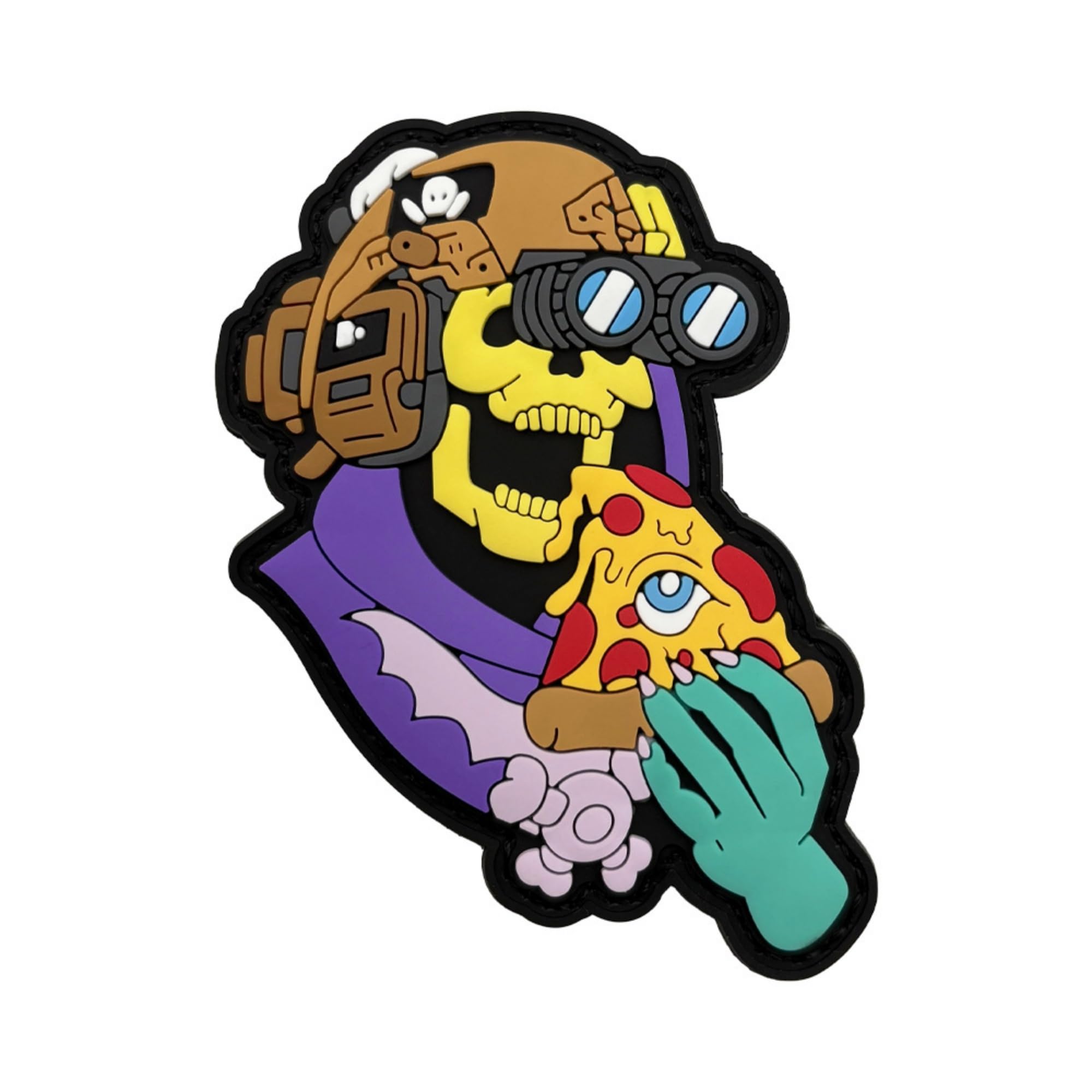 Tactical Skull with Night Vision Goggles Eating Pizza PVC Morale Patches Appliques, Hook and Loop Backing, 2.56 x 3.54 Inch
