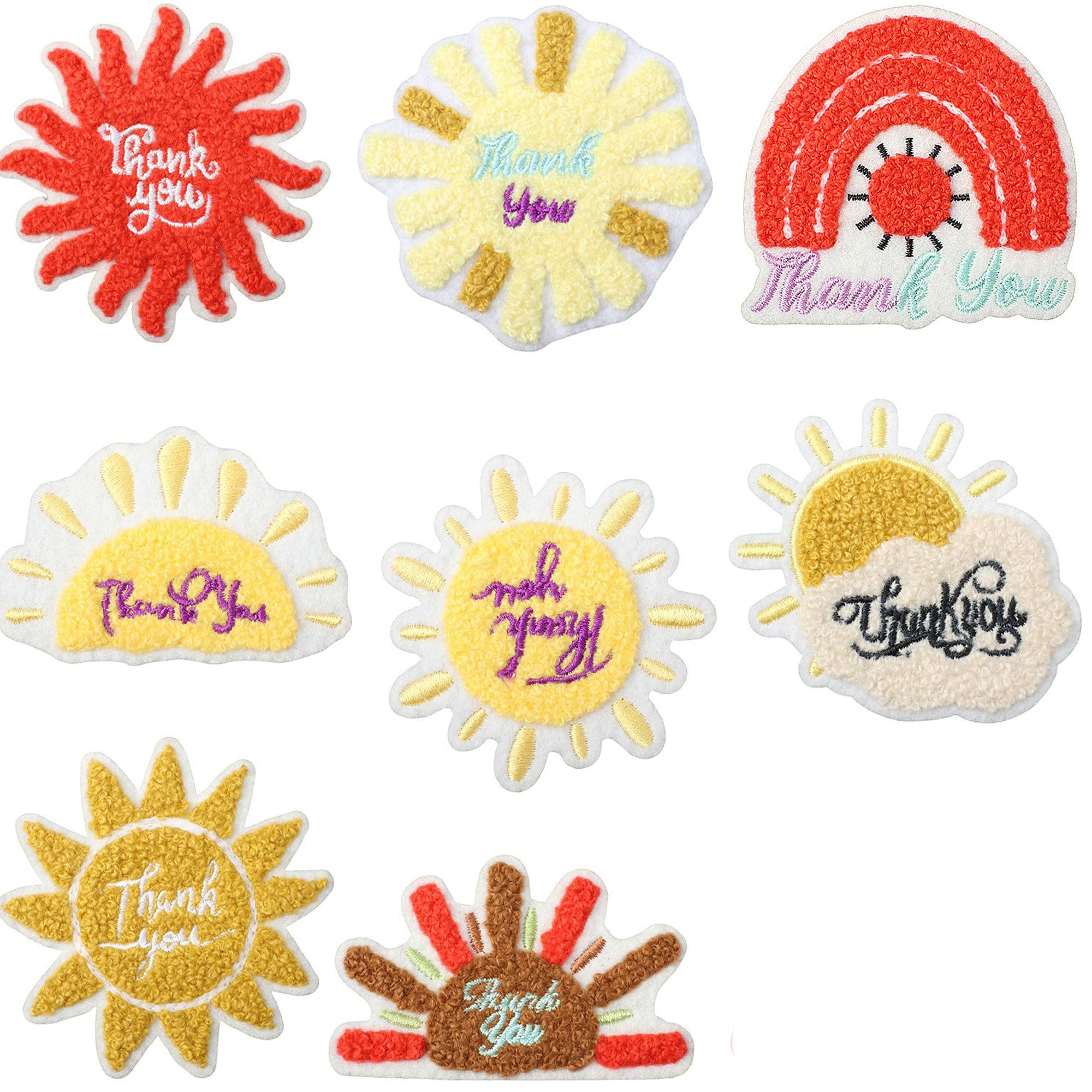 Thank You Embroidered Chenille Patches, Sun and Rainbow Designs, Self-Adhesive Iron-On Appliques, 8 Pieces, 2.76 in