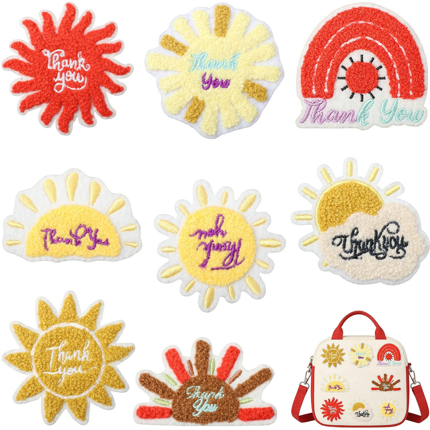 Thank You Embroidered Chenille Patches, Sun and Rainbow Designs, Self-Adhesive Iron-On Appliques, 8 Pieces, 2.76 in - Image 3