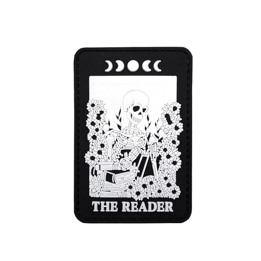 The Reader Skeleton PVC Morale Patches, Gothic Book Design, Glow in Dark, Hook and Loop Backing, Black, 3.54 x 2.36 Inch