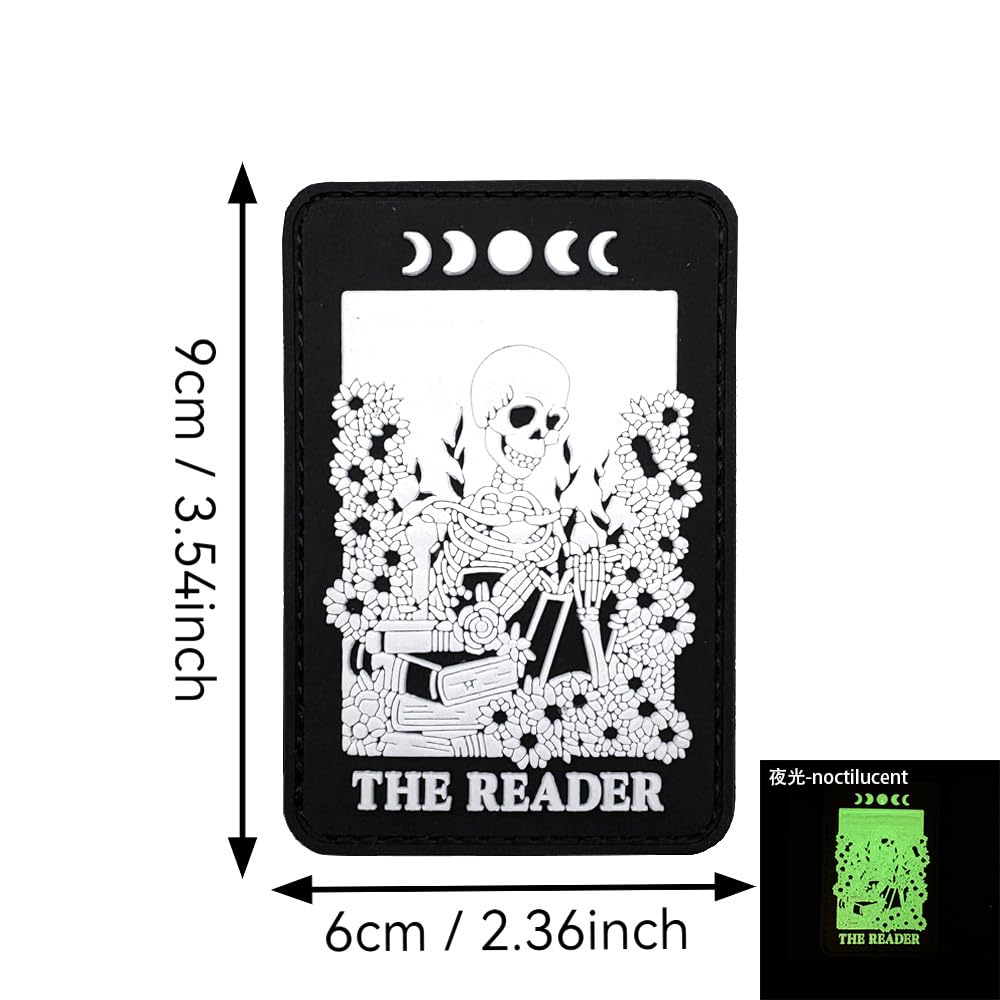 The Reader Skeleton PVC Morale Patches, Gothic Book Design, Glow in Dark, Hook and Loop Backing, Black, 3.54 x 2.36 Inch - Image 2