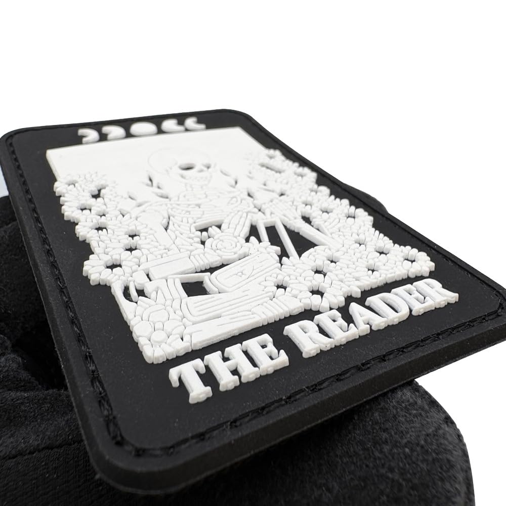 The Reader Skeleton PVC Morale Patches, Gothic Book Design, Glow in Dark, Hook and Loop Backing, Black, 3.54 x 2.36 Inch - Image 3