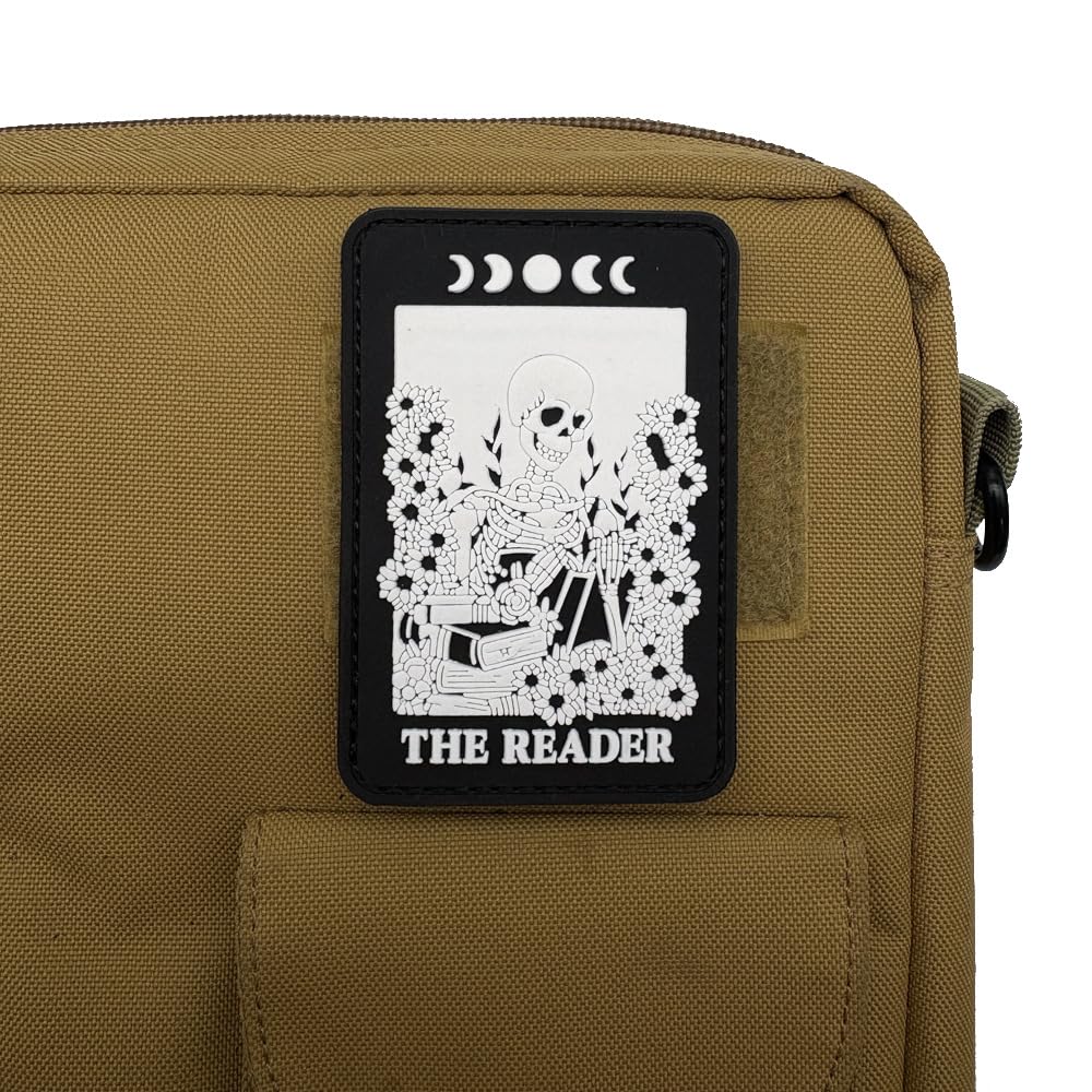 The Reader Skeleton PVC Morale Patches, Gothic Book Design, Glow in Dark, Hook and Loop Backing, Black, 3.54 x 2.36 Inch - Image 4