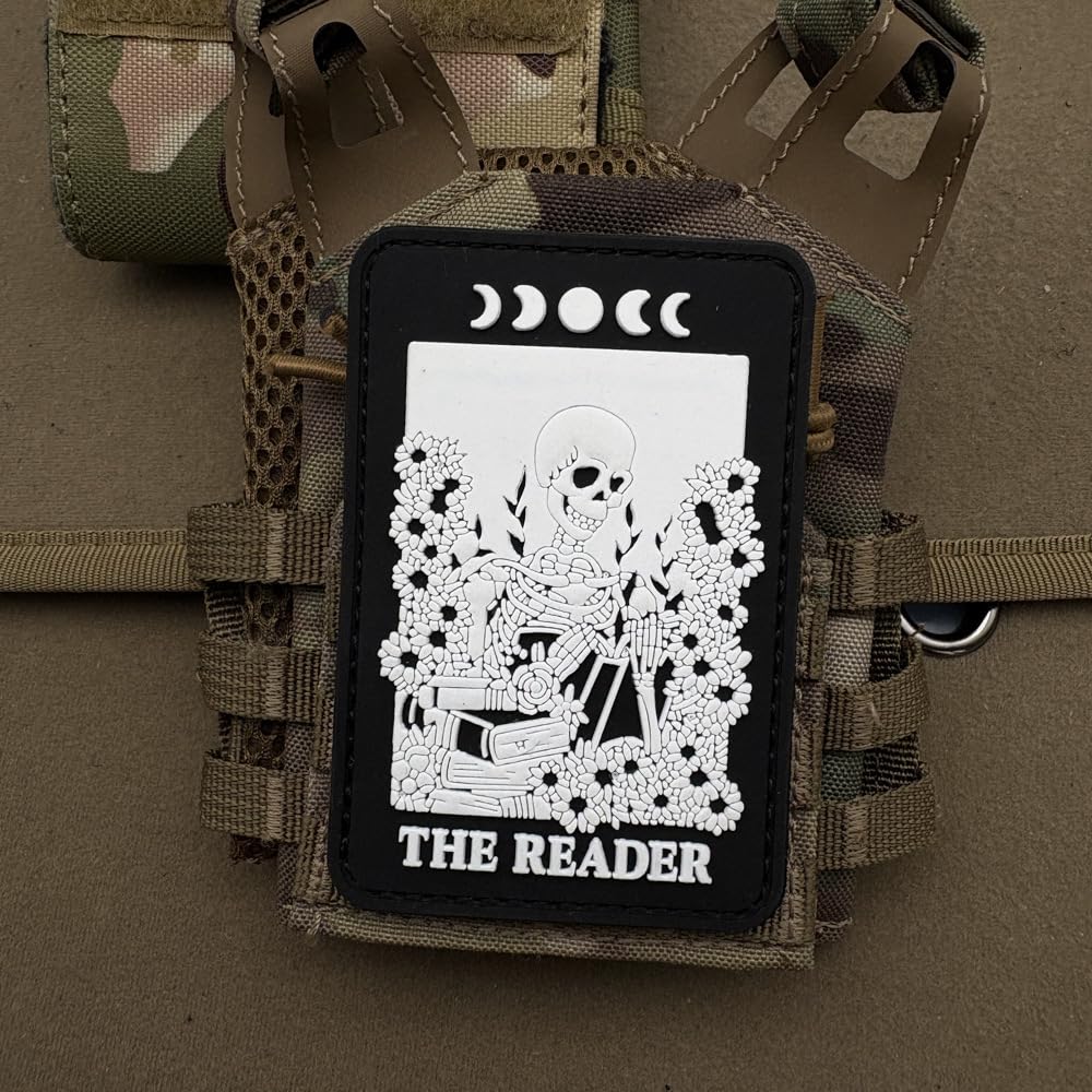 The Reader Skeleton PVC Morale Patches, Gothic Book Design, Glow in Dark, Hook and Loop Backing, Black, 3.54 x 2.36 Inch - Image 5