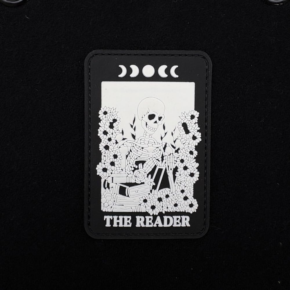 The Reader Skeleton PVC Morale Patches, Gothic Book Design, Glow in Dark, Hook and Loop Backing, Black, 3.54 x 2.36 Inch - Image 8
