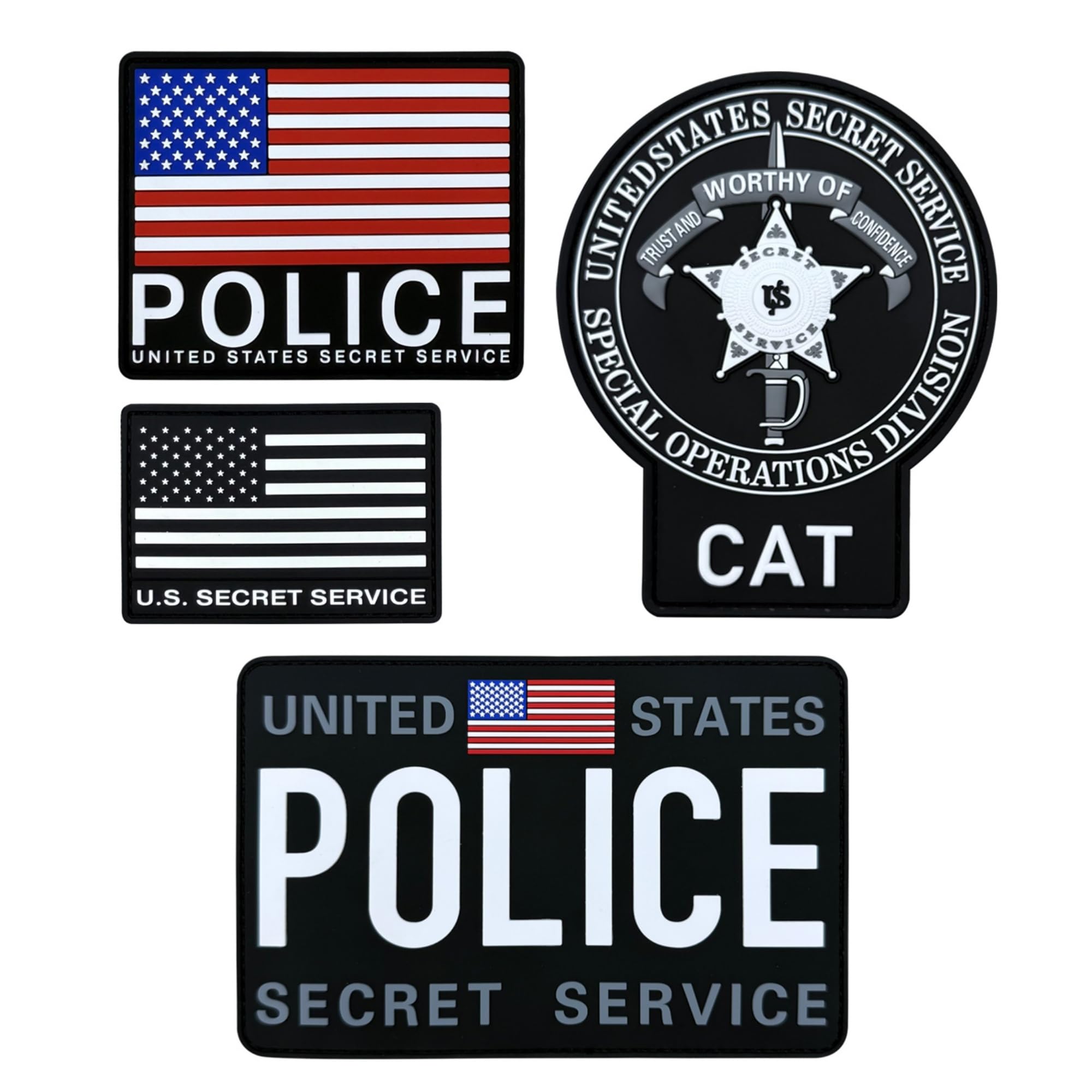 US Secret Service Police PVC Patches, Hook and Loop Backing, American Flag Design, Set of 4