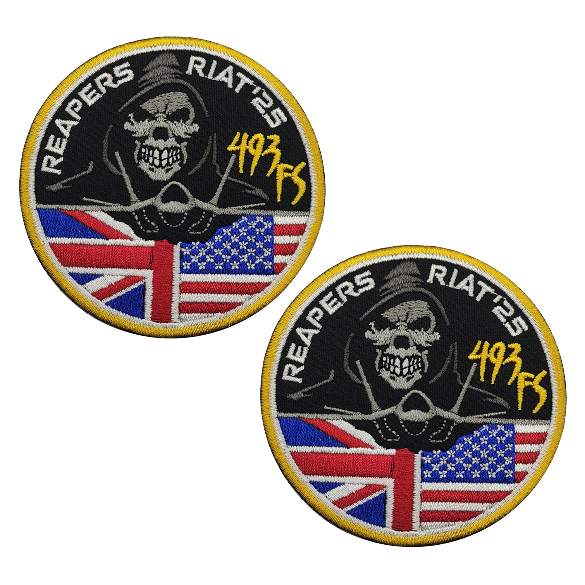 USAF 493rd F-35 Squadron Embroidered Appliques Patches, UK US Flag Design, Military Tactical Morale Badges, 3.15 Inch, Hook and Loop Backing